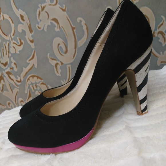 Y2K Chelsea Girl Zebra Print Heels Black Faux Suede Pink size 8 Emo Mcbling - Picture 1 of 8